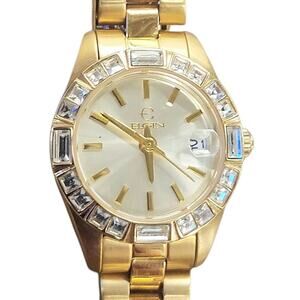 Vintage Elgin gold-tone quartz watch for women with a crystal-accented bezel and